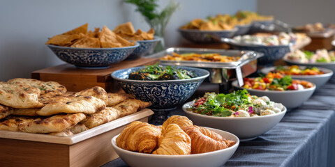 Buffet spread naan croissant salad bowl greens herb garnish roasted vegetables dip chips platter warm bread pastry croissant