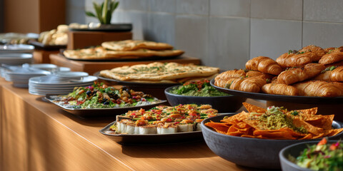 Buffet croissant naan flatbread crostini nachos salad appetizer spread warm pastries savory platters vibrant flavors inviting presentation