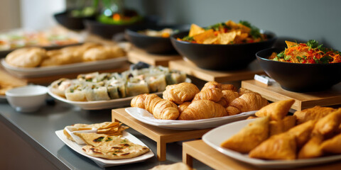 Buffet croissant naan samosa sushi salad platter pastry rolls appetizer spread inviting breakfast brunch