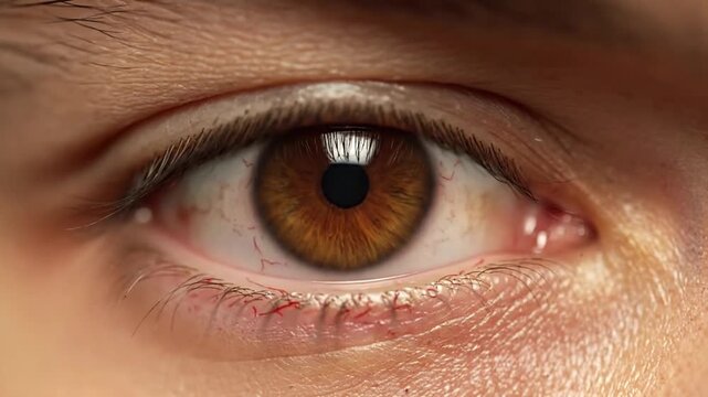 Extreme Close Up of a Human Eye with a Light Brown Iris and Detailed Skin Texture Showing Fine Lines and Veins Revealing Health Condition and Visual Acuity for Medical Study and Clinical Analysis