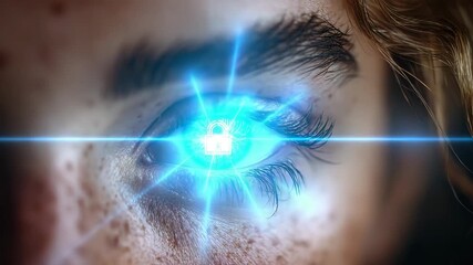 Cybersecurity vision with digital padlock glowing in eye, representing data protection, online safety, and future technology advancements - Powered by Adobe