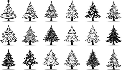 Collection of Black and White Hand Drawn Christmas Trees with Ornaments holiday winter