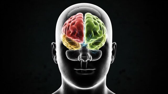 Human Head X-Ray View with Colorful Brain Lobes on Dark Background Showing Frontal Parietal Occipital Temporal Lobes For Medical Purposes and Science Education Resources