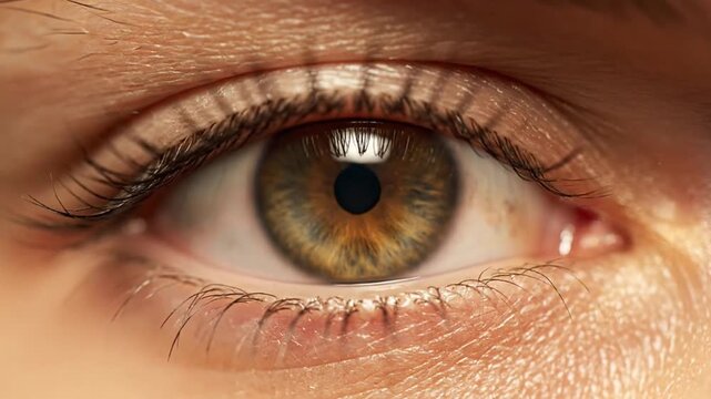 Macro Close Up of a Human Eye with Hazel Iris and Detailed Eyelashes Under Bright Studio Lighting Perfect for Medical Visualization and Ocular Health Awareness Videos and Eye Care Advertisements