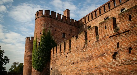 Ancient red brick castle wall with crenellated towers and climbing ivy.