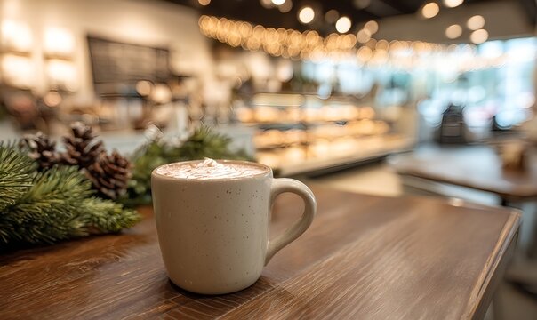 Peaceful winter morning coffee with peppermint mocha and warm bakery lights