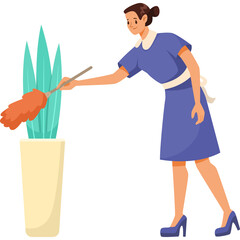 Woman In Blue Uniform Dusting Plant With Orange Duster in a White Background