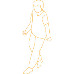 Isometric Line Art of a Person Walking with Orange Outline on a White Transparent Background