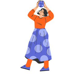 Woman Holding Blue Object Above Head With Concerned Expression Wearing Orange Top And Blue Polka Dot Skirt With Blue Shoes And Orange Tights Against White Background Full Body Shot