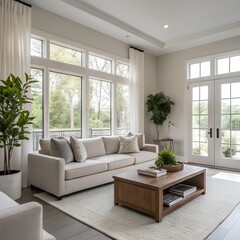 Fototapeta premium Modern minimalist living room interior with natural light and neutral decor”