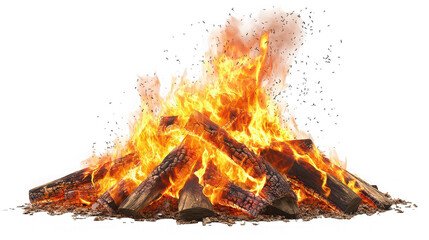 A blazing bonfire with logs and flames creating a bright and warm fire on a black background