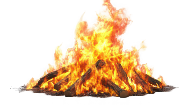A blazing campfire with bright orange and yellow flames consuming wooden logs on a black background