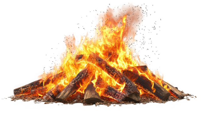 A blazing bonfire with logs and flames creating a bright and warm fire on a black background