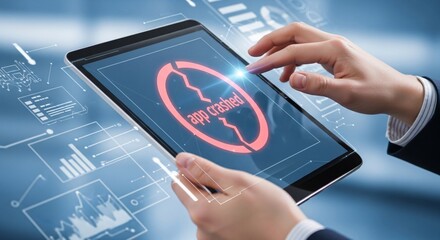 Frustrated user encounters app crash notification on tablet screen with data graphs.