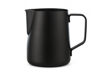 Black matte steel milk frothing pitcher pouring coffee
