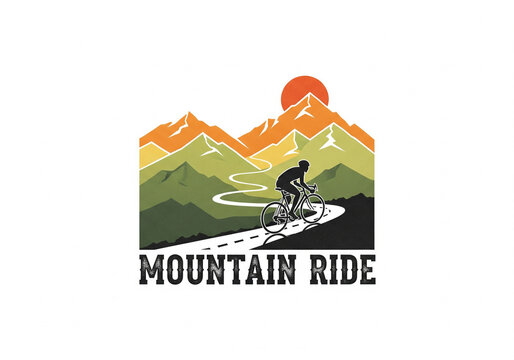 Old man cycling through pine trees, retro 80s color bars in the background, bold distressed text