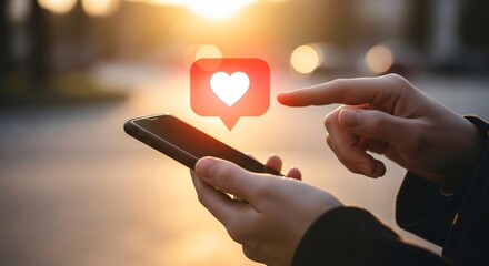 Person's hand holding smartphone with social media like notification glowing outdoors at sunset
