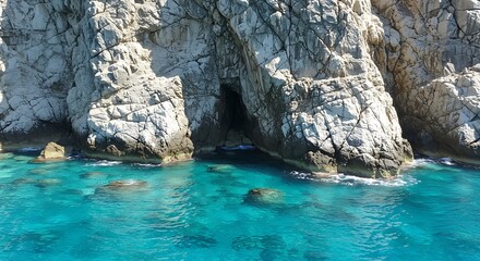 Crystal clear turquoise water at the base of a rocky cliff with a sea cave.