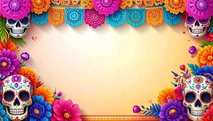 Festive Day of the Dead border with papel picado garlands and sugar skulls