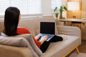 Young asian woman using laptop on sofa in living room
