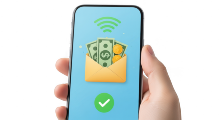 Hand holding smartphone with digital payment and wifi signal illustration, isolated on transparent background