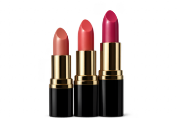 Three glamorous lipsticks in varying shades standing on transparent background