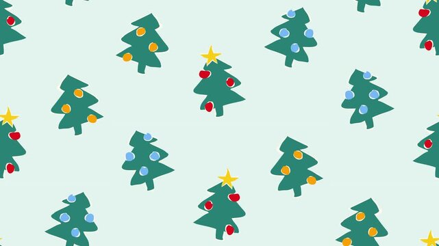 Looping animated Christmas tree background with colorful ornaments, cute hand drawn festive pattern