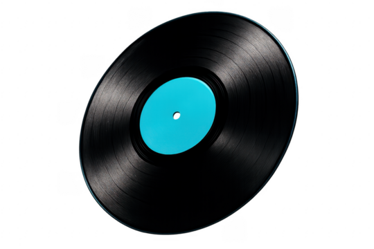 Vinyl music record with blue label on transparent background - Powered by Adobe