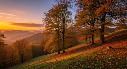 Naklejka premium Golden Autumn Sunset Over Rolling Hills and Forest Landscape.