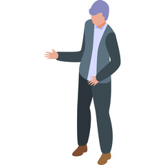 Isometric Male Character In Suit With Blue Hair Standing And Gesturing With Left Hand White Background Isolated