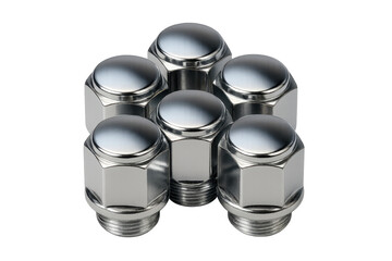 Group of chrome lug nuts on transparent background