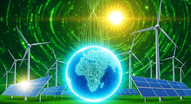 Concept of green energy technology with wind turbines and solar panels surrounding a glowing planet Earth for a sustainable future - Powered by Adobe