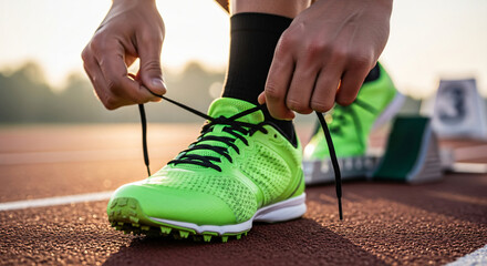 Close-up of an athlete or runner tying the bright green laces of their track shoe, symbolizing preparation, focus, fitness, training, sports, and a healthy lifestyle.