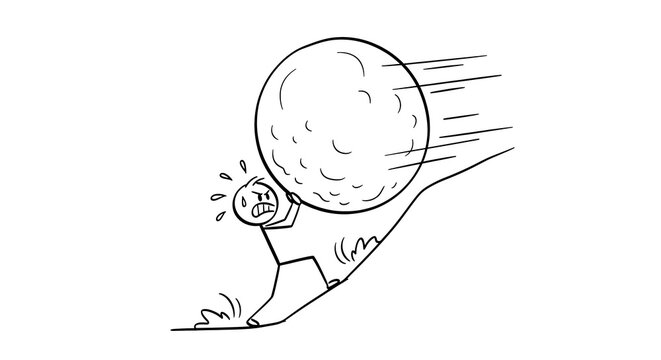Cartoon illustration of a stick figure struggling to push a huge boulder uphill, symbolizing an overwhelming Sisyphean task and relentless life challenges