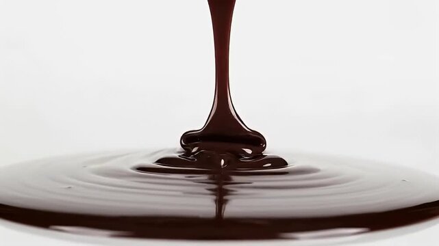 白い背景に注がれる濃厚なチョコレートソース