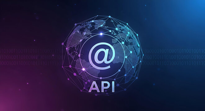 Modern global API network illustration with glowing connections, ideal for technology concepts and digital solutions for business and innovation themes