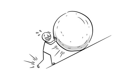 Cartoon Stick Figure Man Vigorously Pushing a Large Boulder Uphill, Illustrating the Concept of Intense Effort, Perseverance, and Overcoming Significant Challenges Through Hard Work and Determination