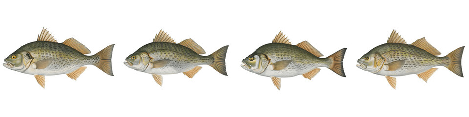 Four stylized ornamental fish with sharp fins isolated on transparent background