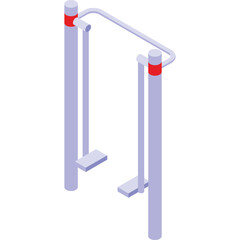 Isometric outdoor fitness equipment parallel bars with silver metal frame and red accents on a clean white background for gym workout and exercise