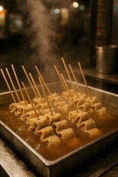 Steaming Korean Fish Cakes (Eomuk/Odeng) Skewers in a Hot Savory Broth at a Street Food Stall
