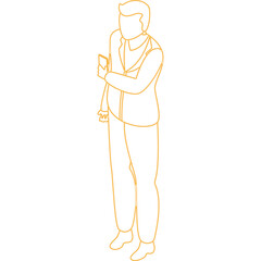Isometric outline of a businessman standing and holding a smartphone in his hand illustration with a clean white background and orange glowing contour and subtle yellow highlights