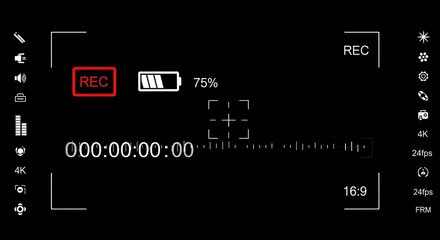 A black digital video recording interface with informational icons, time display, and various status indicators