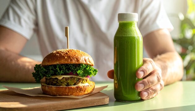 Man Holding Green Smoothie with Veggie Burger
