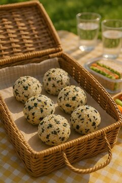 Homemade Korean Rice Balls (Jumeokbap) Seasoned with Seaweed and Sesame, Packed in a Picnic Basket for an Outdoor Gathering