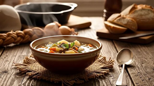 A rustic wooden table is laden with a steaming bowl of soup, bread, onions and a spoon
