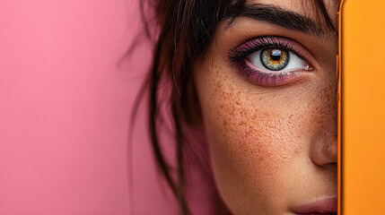 Captivating image showcasing identity fragmentation in media, featuring close up of woman eye partially hidden behind smartphone