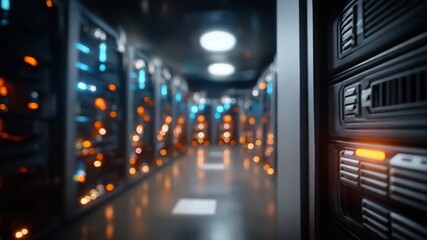 Modern data center server room with glowing lights offers reliable hosting and cloud computing solutions for business IT infrastructure needs