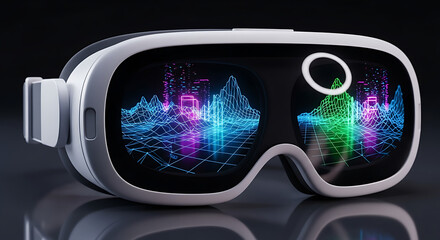 VR headset showing futuristic neon data visualization landscape
