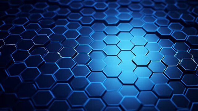 A detailed image features a 3D surface composed of numerous blue hexagonal shapes. The hexagons have a glowing effect