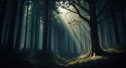 Sunlight streams through a mystical forest